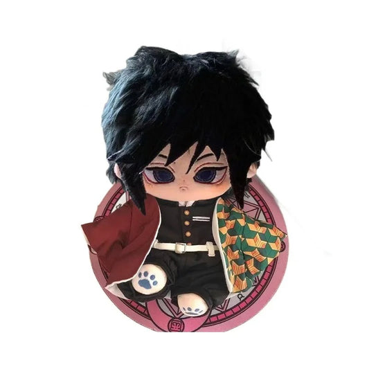Plush toy of an anime character with black hair and a colorful outfit on a white background Demon Slayer: Kimetsu no Yaiba Giyu Tomioka Premium 20cm Super Soft Plushie Doll – Embroidered Cat Paw Edition