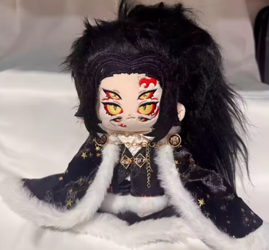 Plush toy with dark hair and elaborate outfit on a white surface Demon Slayer: Kimetsu no Yaiba Kokushibo (Upper Moon One) Premium 20cm Soft Plushie Doll – Starry Celestial Cape Attribute Edition