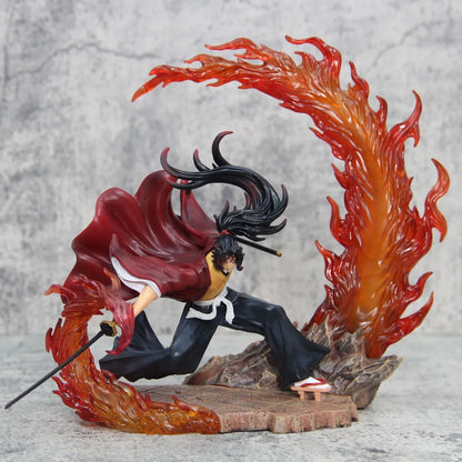 Action figure with red hair and black outfit surrounded by flames on a gray background Demon Slayer: Kimetsu no Yaiba Legendary Twin Bloodlines Premium PVC Combat Statue – Yoriichi Tsugikuni / Kokushibo Upper Moon One