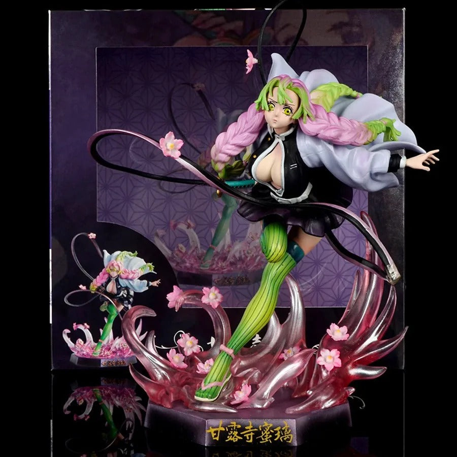 Anime character figurine with pink and green hair on a reflective surface Demon Slayer: Kimetsu no Yaiba Mitsuri Kanroji Authentic GK Style Premium Statue Figurine – Love Hashira Love Breathing Edition box