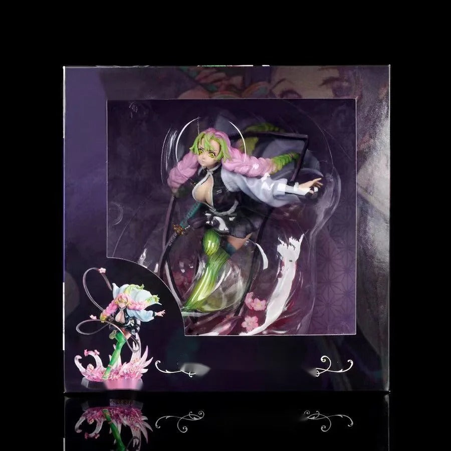 Figurine in a transparent box with decorative elements on a black background Demon Slayer: Kimetsu no Yaiba Mitsuri Kanroji Authentic GK Style Premium Statue Figurine – Love Hashira Love Breathing Edition
