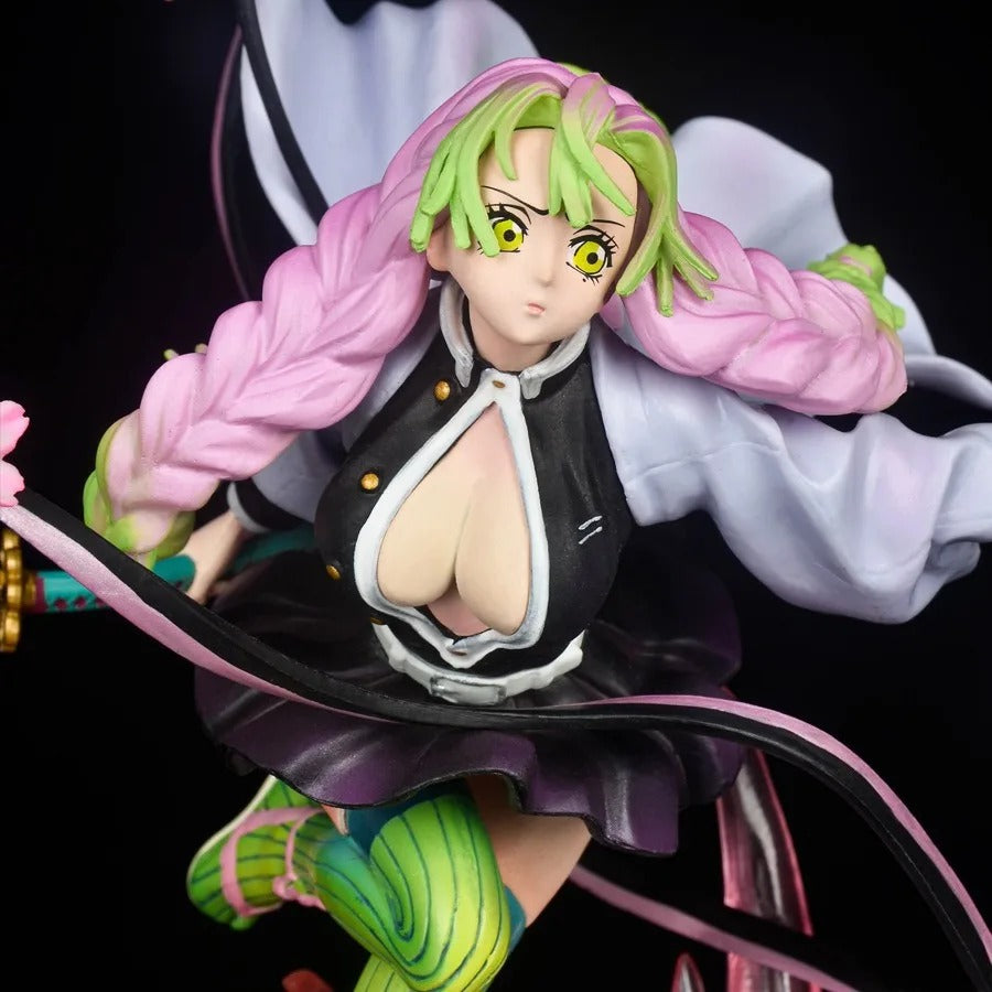 Anime character figurine with green hair and pink braids on a black background Demon Slayer: Kimetsu no Yaiba Mitsuri Kanroji Authentic GK Style Premium Statue Figurine – Love Hashira Love Breathing Edition face