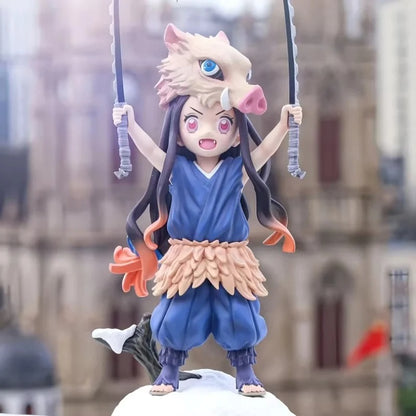 Anime character figurine on a swing with a blurred building background Demon Slayer: Kimetsu no Yaiba Nezuko Kamado Authentic 20cm PVC Figure – Hashibira Inosuke Beast Cosplay Cross-Over Edition