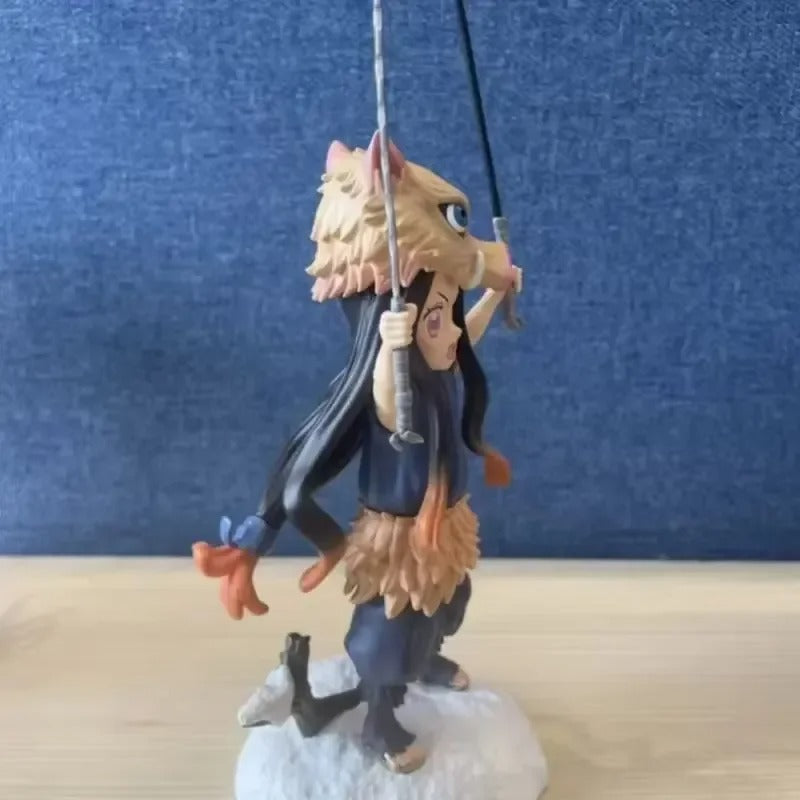 Action figure of a character with long hair and a sword on a blue background Demon Slayer: Kimetsu no Yaiba Nezuko Kamado Authentic 20cm PVC Figure – Hashibira Inosuke Beast Cosplay Cross-Over Edition