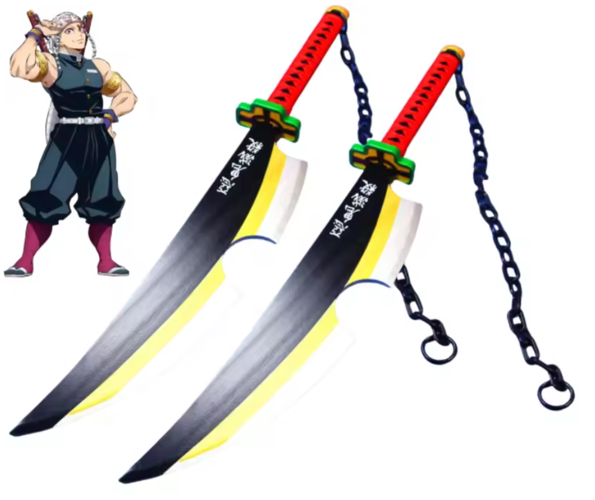 Two large swords with colorful handles and a character illustration on a white background Demon Slayer: Kimetsu no Yaiba Tengen Uzui Authentic 80cm Dual Bamboo Nichirin Cleavers – Sound Hashira 2-Piece Display & Cosplay Set with Connecting Chain