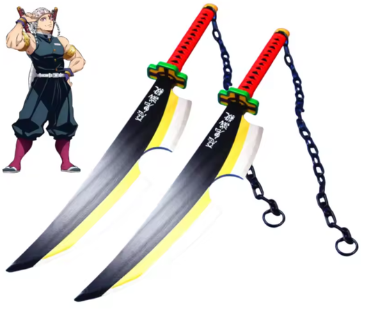 Two large swords with colorful handles and a character illustration on a white background Demon Slayer: Kimetsu no Yaiba Tengen Uzui Authentic 80cm Dual Bamboo Nichirin Cleavers – Sound Hashira 2-Piece Display & Cosplay Set with Connecting Chain