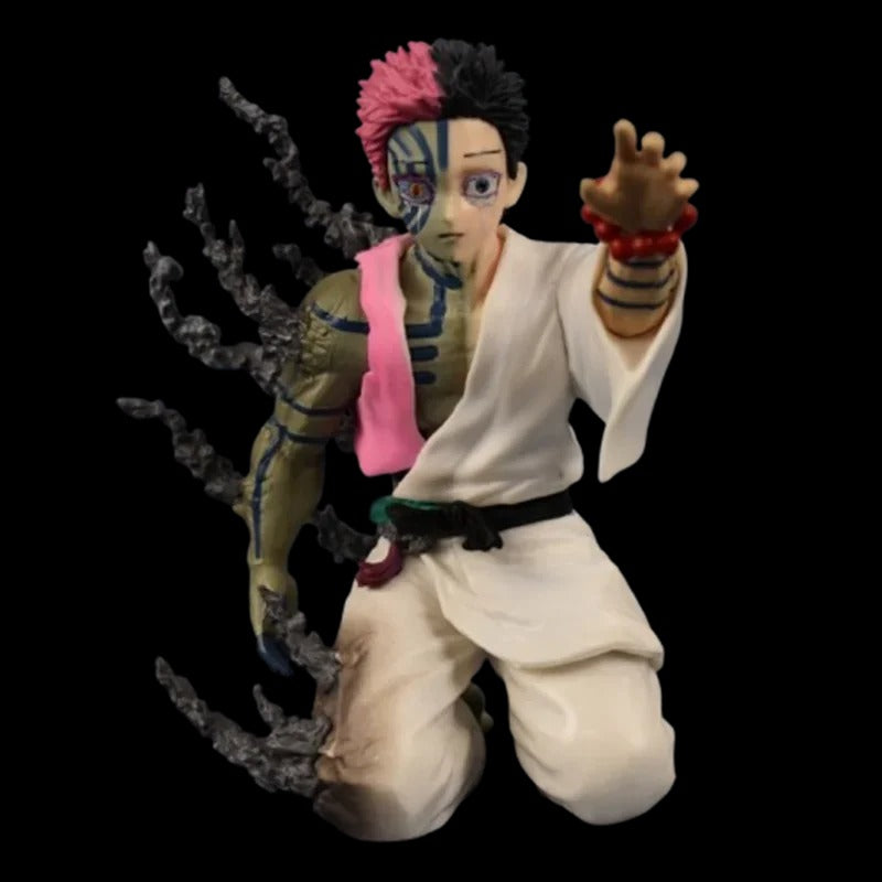 Action figure of a character with pink hair and white outfit on a black background Demon Slayer: Kimetsu no Yaiba Twelve Kizuki Upper Moon Three Akaza Authentic PVC Figure – Final Confession Kneeling Pose Edition