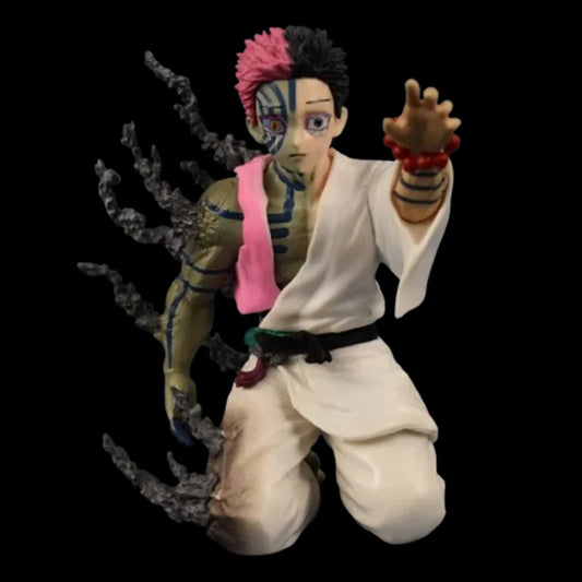 Action figure of a character with pink hair and white outfit on a black background Demon Slayer: Kimetsu no Yaiba Twelve Kizuki Upper Moon Three Akaza Authentic PVC Figure – Final Confession Kneeling Pose Edition