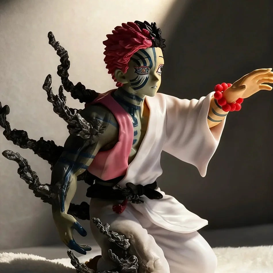 Detailed figurine with a stylized design on a neutral background Demon Slayer: Kimetsu no Yaiba Twelve Kizuki Upper Moon Three Akaza Authentic PVC Figure – Final Confession Kneeling Pose Edition 