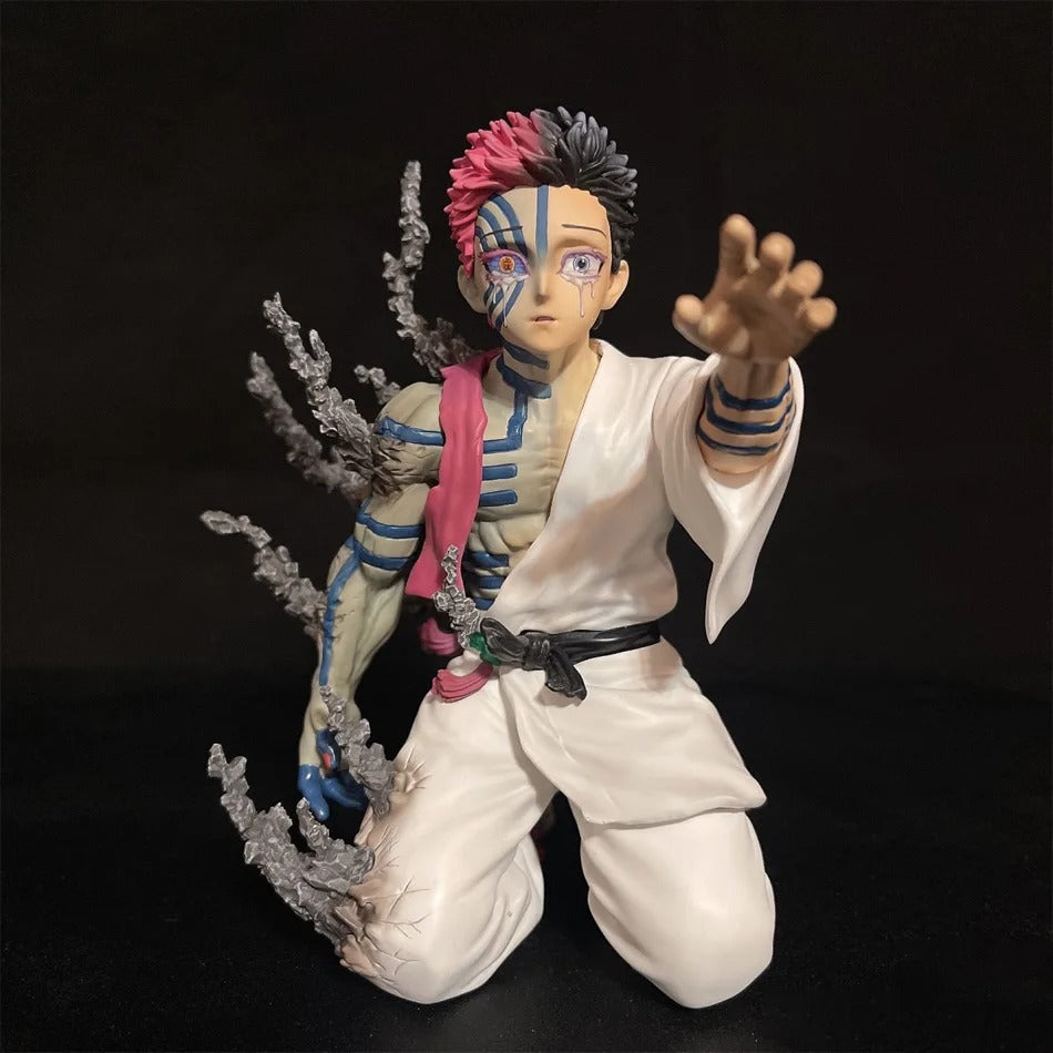 Action figure with white outfit and colorful hair on a black background Demon Slayer: Kimetsu no Yaiba Twelve Kizuki Upper Moon Three Akaza Authentic PVC Figure – Final Confession Kneeling Pose Edition 