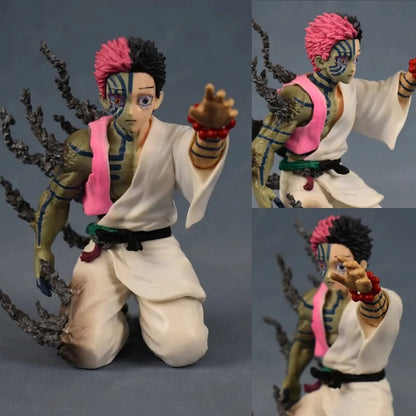 Action figure with pink hair and white outfit on a gray background Demon Slayer: Kimetsu no Yaiba Twelve Kizuki Upper Moon Three Akaza Authentic PVC Figure – Final Confession Kneeling Pose Edition
