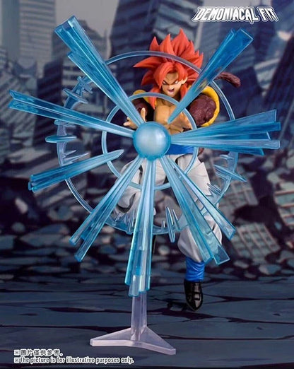 Action figure with blue energy effect against a cityscape background Demoniacal Fit Dragon Ball GT/Z: Super Saiyan 4 Gogeta Authentic 15cm Premium 3.0 Generation Articulated Action Figure