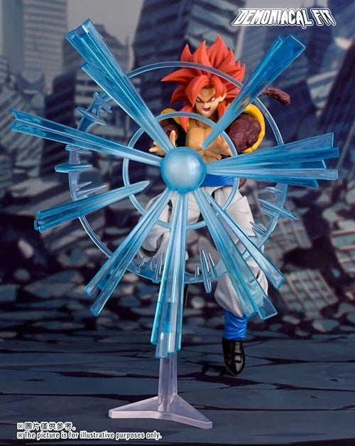 Action figure with blue energy effect against a cityscape background Demoniacal Fit Dragon Ball GT/Z: Super Saiyan 4 Gogeta Authentic 15cm Premium 3.0 Generation Articulated Action Figure