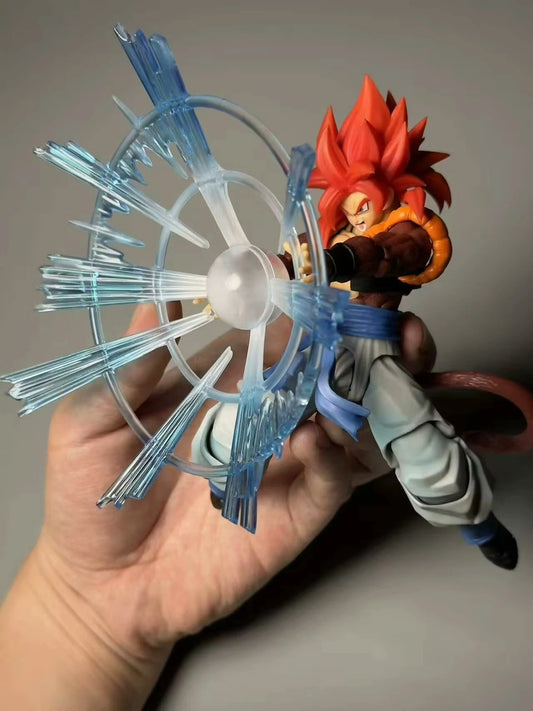 Hand holding a blue spiky wheel with a figurine in the background Demoniacal Fit Dragon Ball GT/Z: Super Saiyan 4 Gogeta Authentic 15cm Premium 3.0 Generation Articulated Action Figure