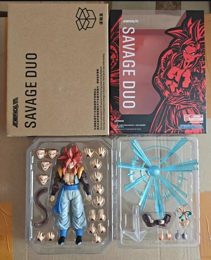 Action figure set with interchangeable heads and accessories, branded 'Savage Duo', on a cardboard box background. Demoniacal Fit Dragon Ball GT/Z: Super Saiyan 4 Gogeta Authentic 15cm Premium 3.0 Generation Articulated Action Figure