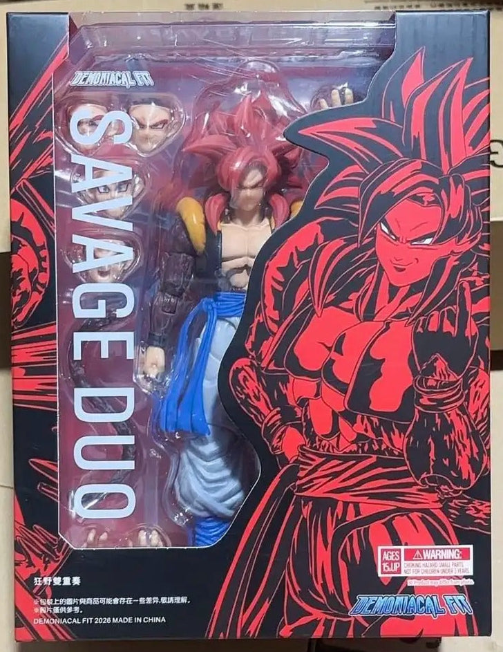 Action figure packaging with 'Savage Duo' branding on a cardboard surface. Demoniacal Fit Dragon Ball GT/Z: Super Saiyan 4 Gogeta Authentic 15cm Premium 3.0 Generation Articulated Action Figure