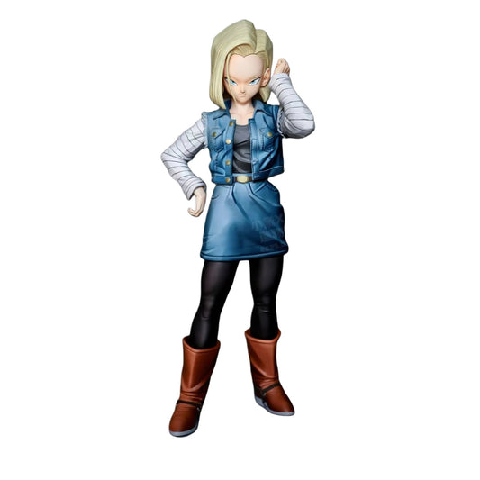 Action figure of a character in a blue dress and brown boots on a white background Dragon Ball Z: Android 18 (Lazuli) Premium 11-Inch Statue Figure – Android Saga Classic Denim Outfit Edition