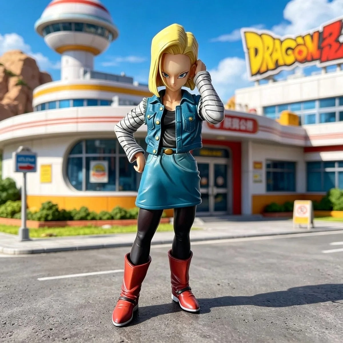 Action figure in front of a Dragon Ball Z-themed building Dragon Ball Z: Android 18 (Lazuli) Premium 11-Inch Statue Figure – Android Saga Classic Denim Outfit Edition