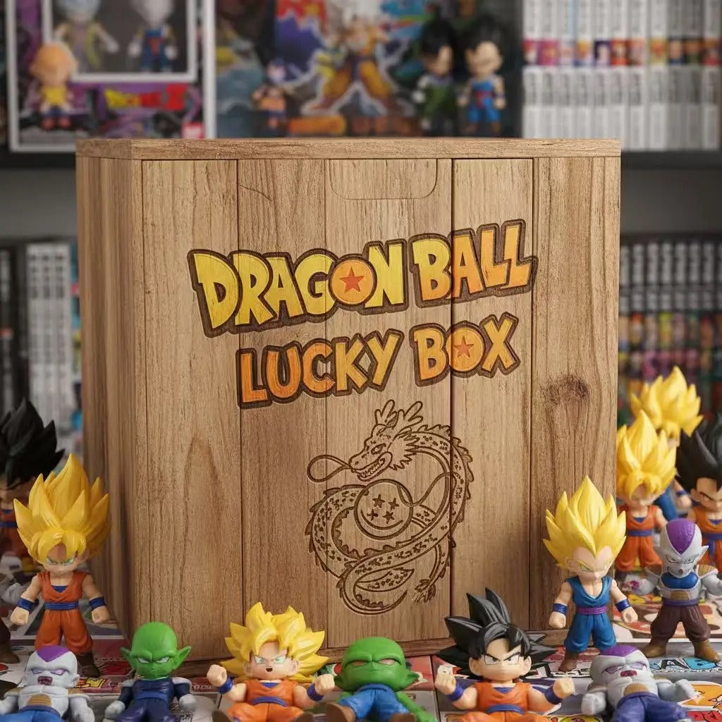 Wooden box labeled 'Dragon Ball Lucky Box' with various action figures in front, set against a backdrop of more action figures and collectibles.