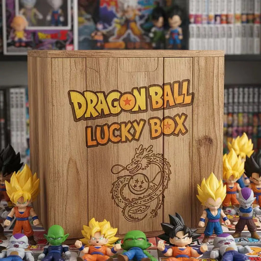 Wooden box labeled 'Dragon Ball Lucky Box' with various action figures in front, set against a backdrop of more action figures and collectibles.