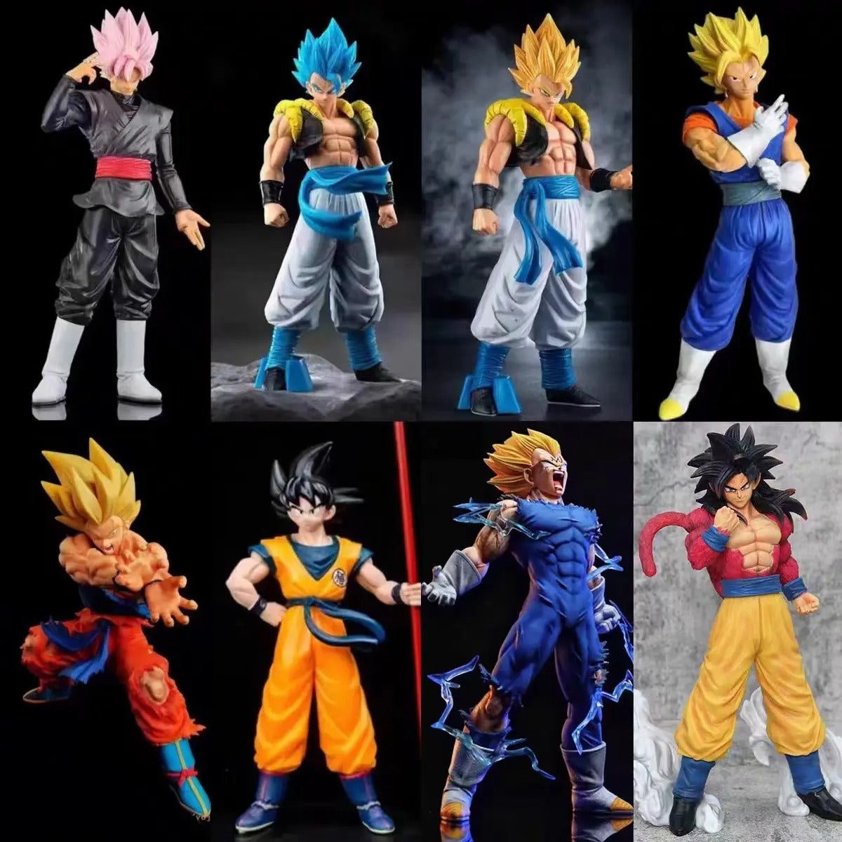 A collage of eight anime action figure variants, including Super Saiyan Gohan, Broly, Goku, Vegeta, Gogeta, and various Super Saiyan forms, shown against black and gray backgrounds.