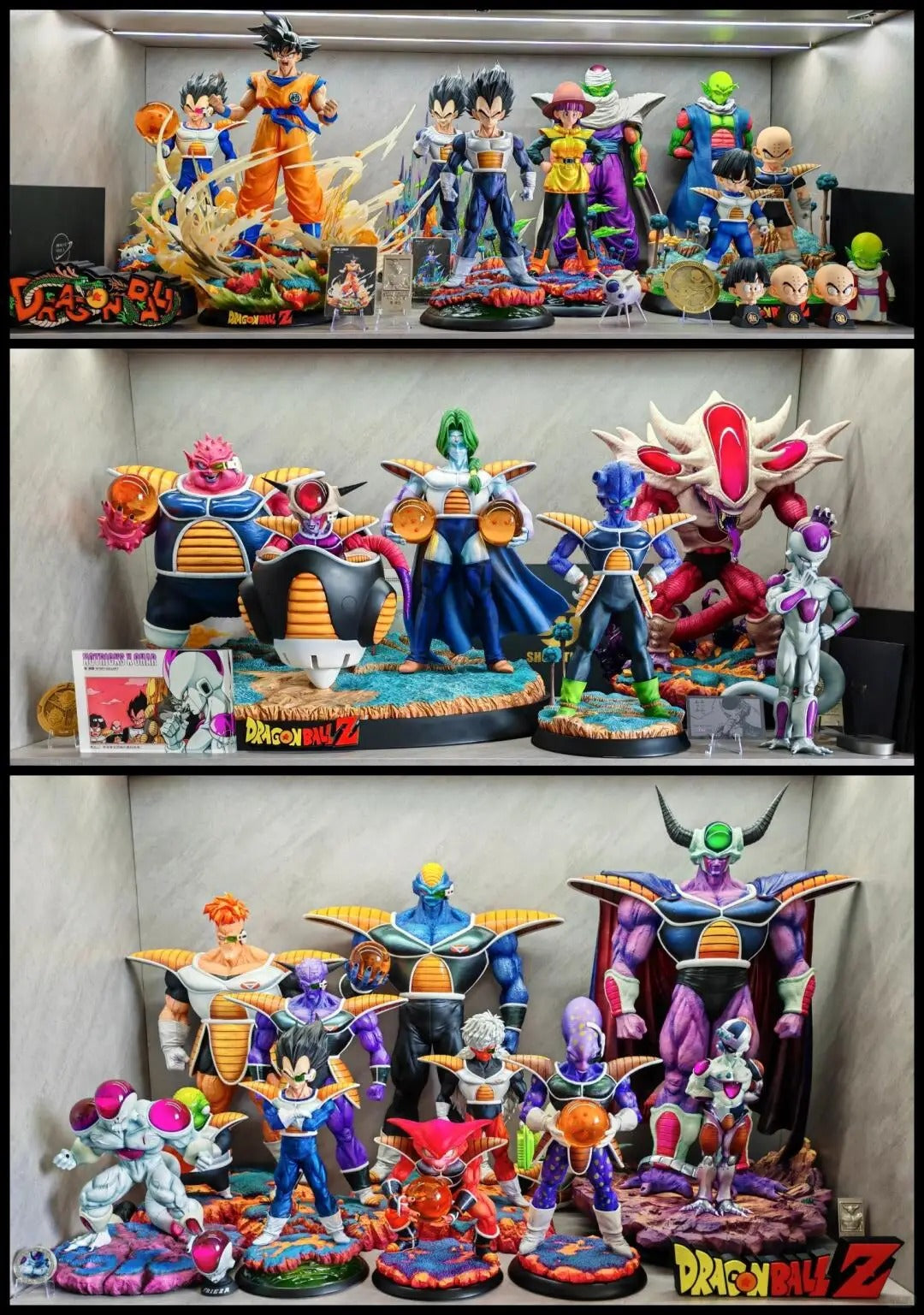 Collection of Dragon Ball Z figurines displayed on shelves.