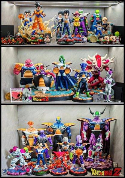 Collection of Dragon Ball Z figurines displayed on shelves.