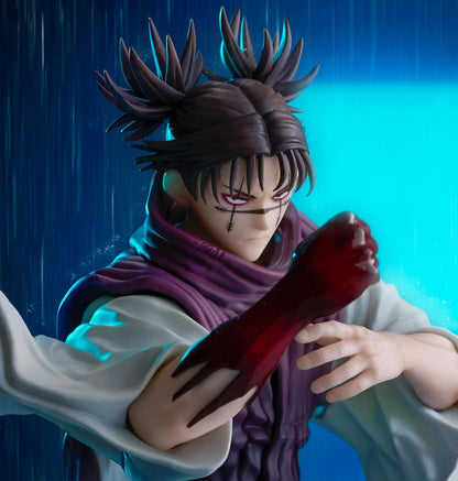 Anime character figurine with spiky hair and purple scarf against a blue and black background JUJUTSU KAISEN Choso Authentic SEGA FIGURIZMα Prize Figure – Flowing Red Scale: Stack Edition Blood Manipulation Combat Statue closeup