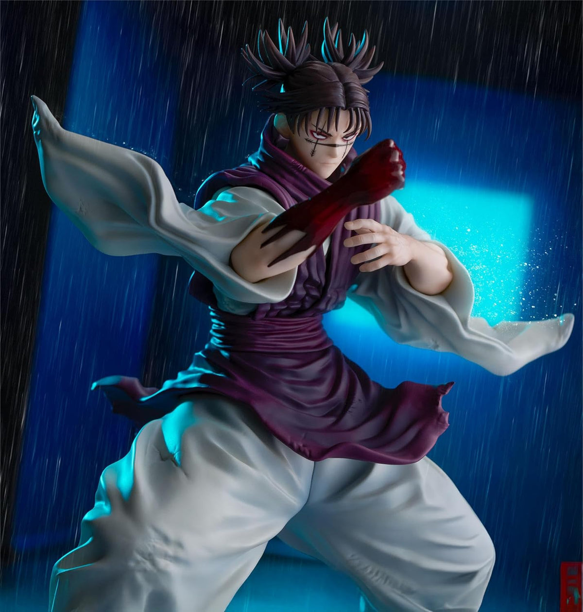 Animated character in a dynamic pose with a dark, rainy background JUJUTSU KAISEN Choso Authentic SEGA FIGURIZMα Prize Figure – Flowing Red Scale: Stack Edition Blood Manipulation Combat Statue down