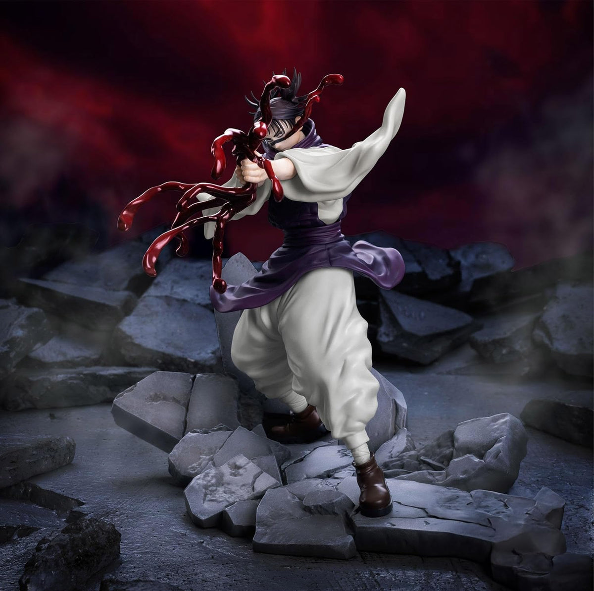 Figurine of a warrior character in a dramatic pose on rocky terrain with a dark background JUJUTSU KAISEN Choso Authentic SEGA Luminasta Prize Figure – Shibuya Incident Arc Piercing Blood Edition Concrete Rubble Base Statue