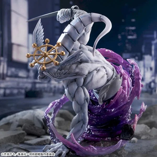 Statue of a fantasy creature with a wheel-like object in an urban setting JUJUTSU KAISEN Eight-Handled Sword Divergent Sila Divine General Mahoraga Authentic SEGA FIGURIZMα Prize Figure – Ultimate Adaptation Beast Statue back