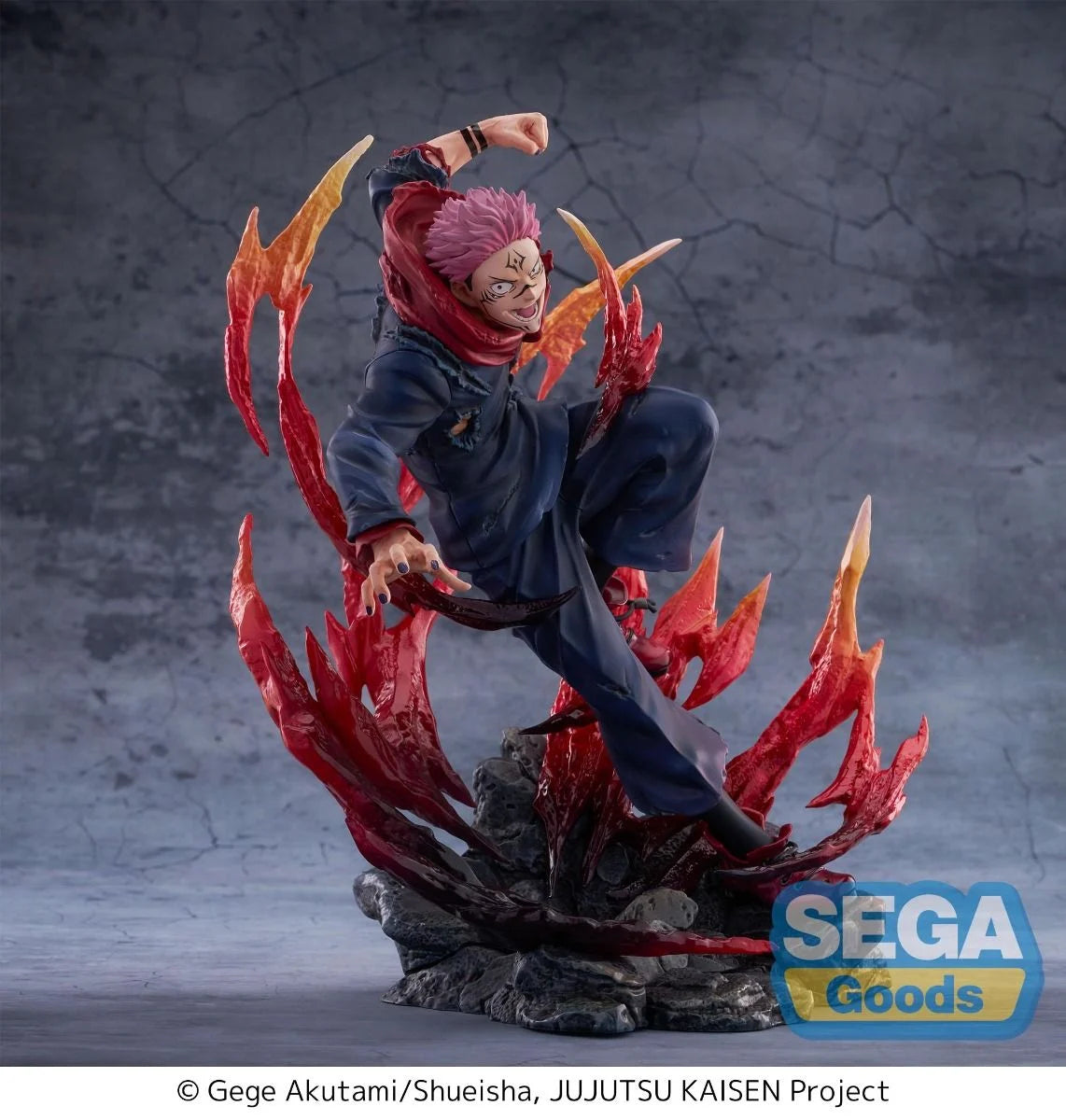 Action figure with red hair and fiery elements on a gray background, featuring the Sega Goods logo. JUJUTSU KAISEN Ryomen Sukuna Authentic SEGA FIGURIZM Prize Figure – Encounter Version King of Curses Throne of Skulls Statue