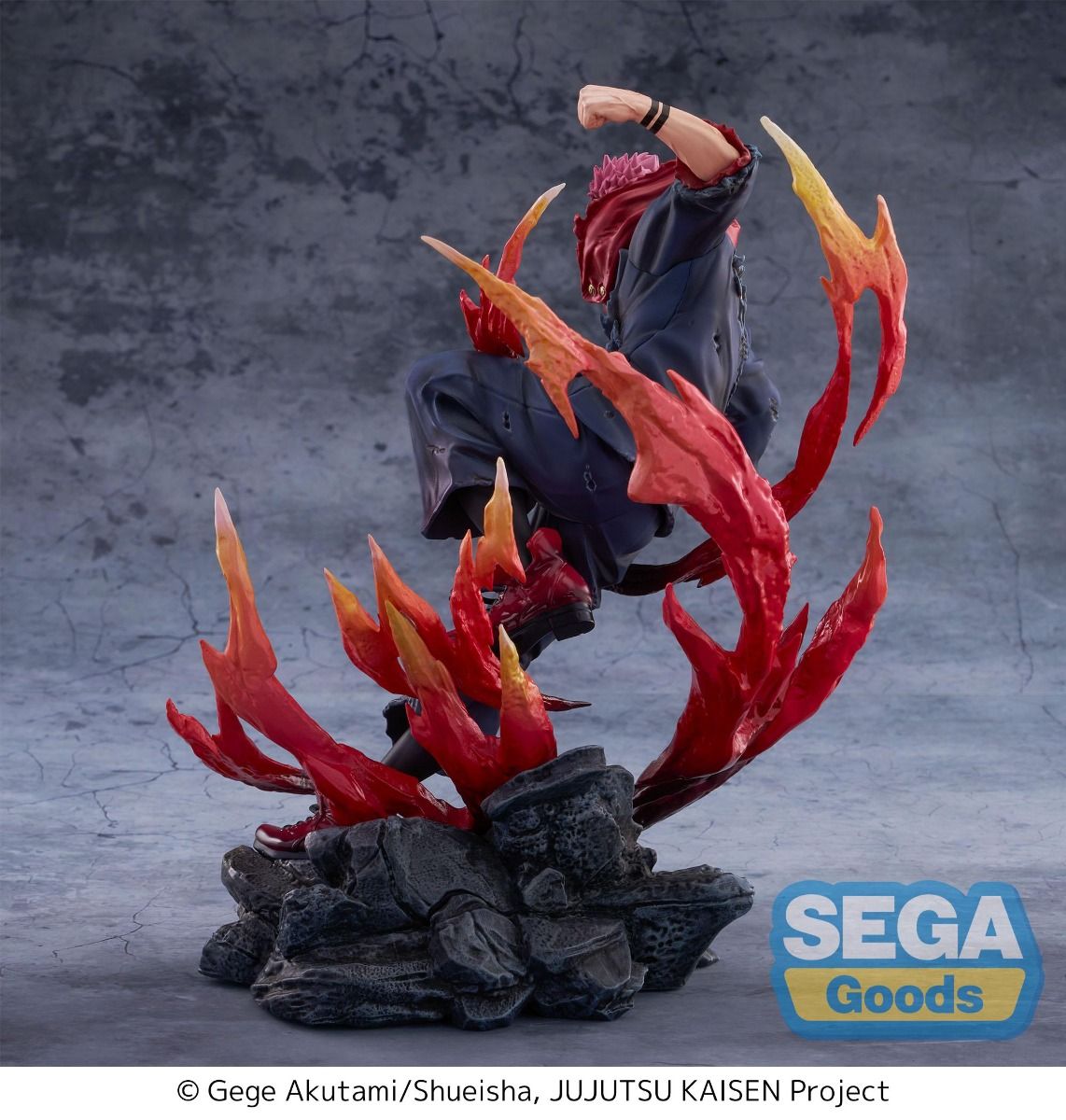 Action figure with fiery design on a gray background, featuring the Sega Goods logo. JUJUTSU KAISEN Ryomen Sukuna Authentic SEGA FIGURIZM Prize Figure – Encounter Version King of Curses Throne of Skulls Statue backside