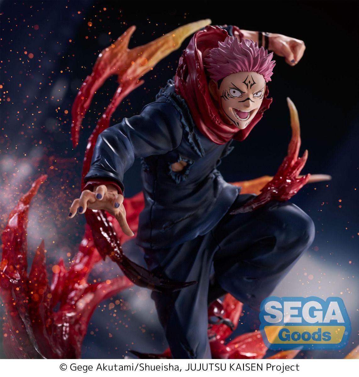 Action figure with red hair and dark clothing against a dark background, featuring SEGA Goods logo. JUJUTSU KAISEN Ryomen Sukuna Authentic SEGA FIGURIZM Prize Figure – Encounter Version King of Curses Throne of Skulls Statue closeup