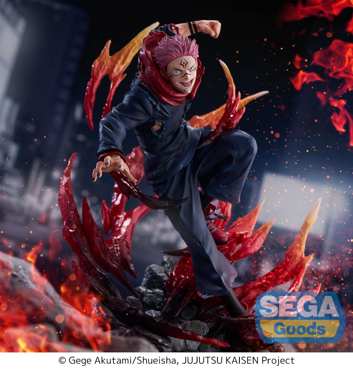 Action figure with red hair and blue outfit surrounded by flames, featuring Sega Goods logo. JUJUTSU KAISEN Ryomen Sukuna Authentic SEGA FIGURIZM Prize Figure – Encounter Version King of Curses Throne of Skulls Statue front