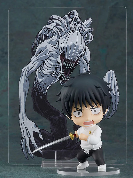 Figurine of a character with black hair and white outfit facing a large, gray, alien-like creature on a dark background. Jujutsu Kaisen 0 Nendoroid No. 1766 Yuta Okkotsu Authentic 10cm Chibi Action Figure – Special Grade Prequel Protagonist Edition