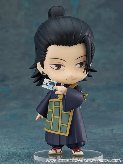 Figurine of a character from a anime or manga series, holding a badge against a dark background. Jujutsu Kaisen 0 Nendoroid No. 1768 Suguru Geto Authentic 10cm Chibi Action Figure – Movie Prequel Special Grade Curse User Edition