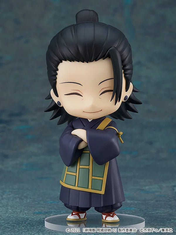 Figurine of a character with black hair and traditional outfit on a blue background Jujutsu Kaisen 0 Nendoroid No. 1768 Suguru Geto Authentic 10cm Chibi Action Figure – Movie Prequel Special Grade Curse User Edition smile