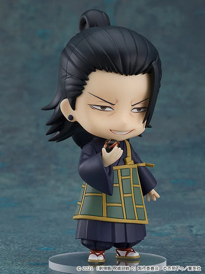 Small figurine of a character with dark hair and traditional outfit on a blue background Jujutsu Kaisen 0 Nendoroid No. 1768 Suguru Geto Authentic 10cm Chibi Action Figure – Movie Prequel Special Grade Curse User Edition smile side