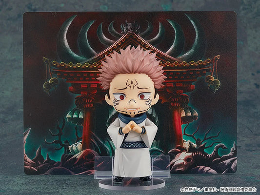 Anime character figurine with pink hair in front of a traditional Japanese gate on a dark background Jujutsu Kaisen 0 Nendoroid No. 1834 Satoru Gojo Authentic 10cm Chibi Action Figure – Movie Prequel White Bandage Edition whole