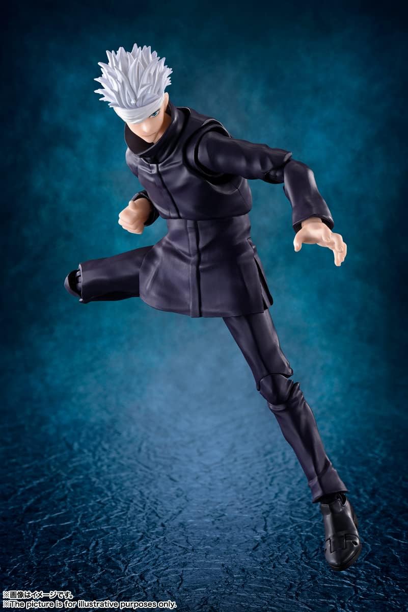 Action figure of a character in a dynamic pose against a blue background Jujutsu Kaisen 0: The Movie S.H.Figuarts Satoru Gojo Authentic 16cm Articulated Action Figure – Prequel Special Grade Sorcerer Edition pose