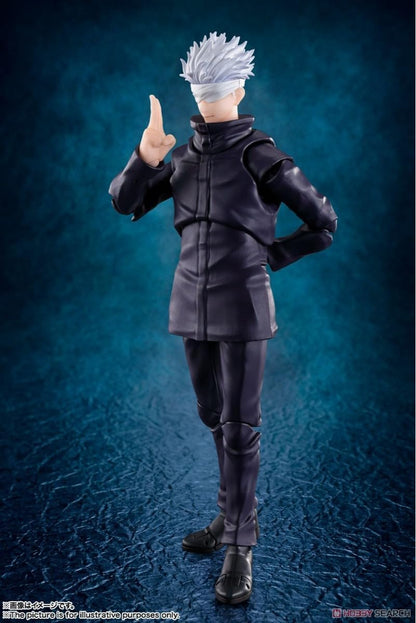 Action figure of a character in a dark outfit with a blue textured background Jujutsu Kaisen 0: The Movie S.H.Figuarts Satoru Gojo Authentic 16cm Articulated Action Figure – Prequel Special Grade Sorcerer Edition side