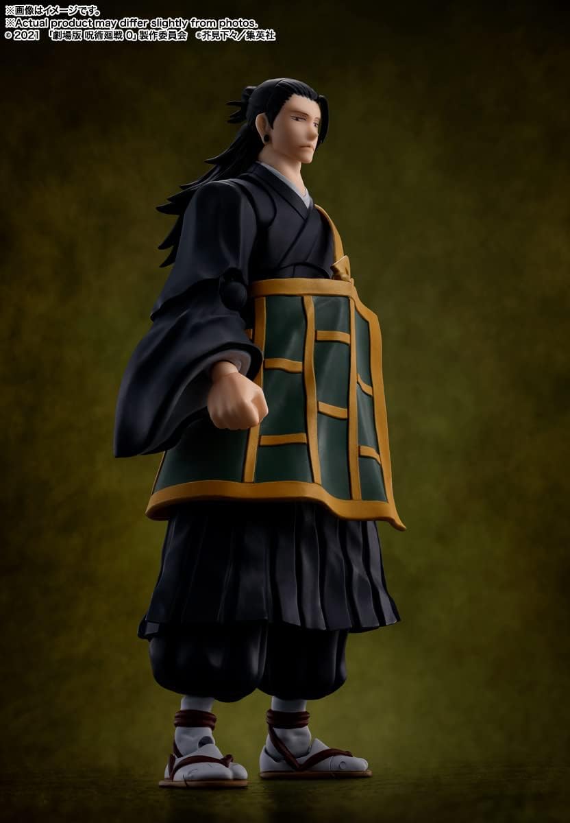 Figure of a character in traditional attire with a green and gold armor on a dark background Jujutsu Kaisen 0: The Movie S.H.Figuarts Suguru Geto Authentic 16cm Articulated Action Figure – Special Grade Curse User Edition