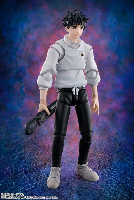 A collectible action figure of Yuji Itadori from Jujutsu Kaisen, wearing a light gray hoodie, black pants, and white sneakers, holding a black katana against a textured blue and purple background. Jujutsu Kaisen 0: The Movie S.H.Figuarts Yuta Okkotsu Authentic 15cm Articulated Action Figure – Prequel Special Grade Edition