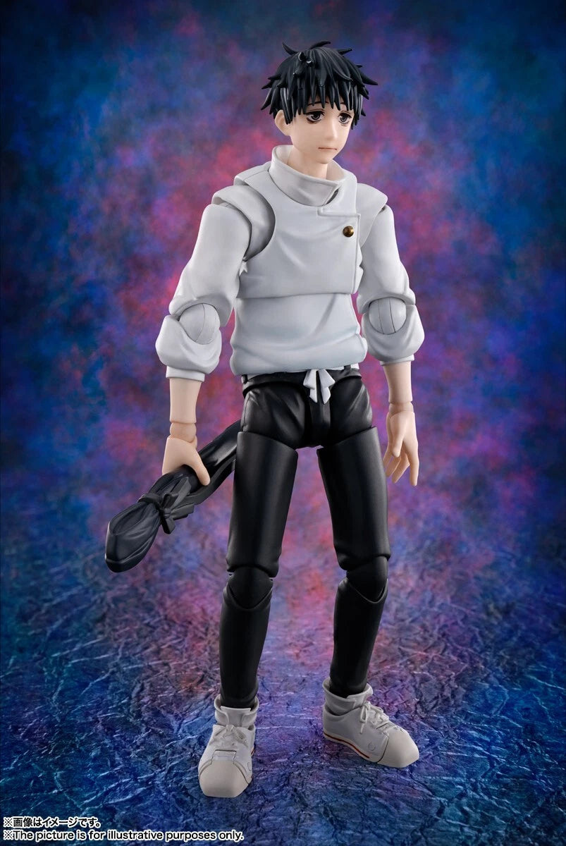 A collectible action figure of Yuji Itadori from Jujutsu Kaisen, wearing a light gray hoodie, black pants, and white sneakers, holding a black katana against a textured blue and purple background. Jujutsu Kaisen 0: The Movie S.H.Figuarts Yuta Okkotsu Authentic 15cm Articulated Action Figure – Prequel Special Grade Edition