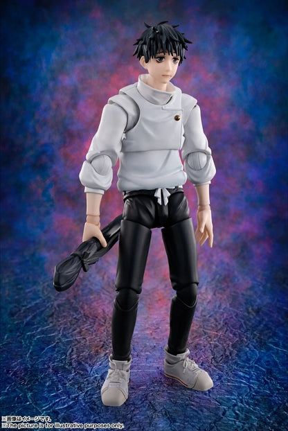 A collectible action figure of Yuji Itadori from Jujutsu Kaisen, wearing a light gray hoodie, black pants, and white sneakers, holding a black katana against a textured blue and purple background. Jujutsu Kaisen 0: The Movie S.H.Figuarts Yuta Okkotsu Authentic 15cm Articulated Action Figure – Prequel Special Grade Edition