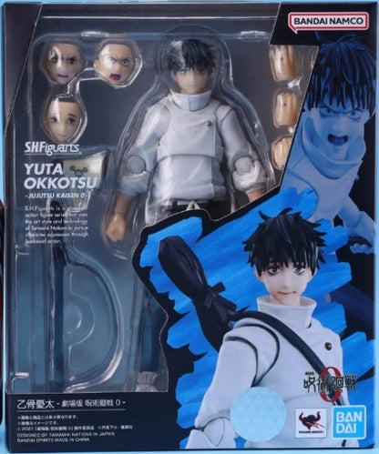 BANDAI NAMCO Sh Figuarts Yuta Okkotsu - Burst of Passion 3.5 figure in its original window box packaging, featuring the action figure, interchangeable heads, and accessories. Jujutsu Kaisen 0: The Movie S.H.Figuarts Yuta Okkotsu Authentic 15cm Articulated Action Figure – Prequel Special Grade Edition box