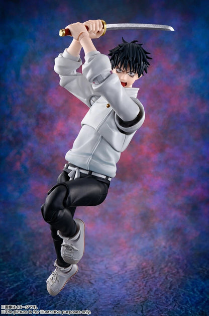 Action figure of a character in a dynamic pose with a sword against a colorful background Jujutsu Kaisen 0: The Movie S.H.Figuarts Yuta Okkotsu Authentic 15cm Articulated Action Figure – Prequel Special Grade Edition jump