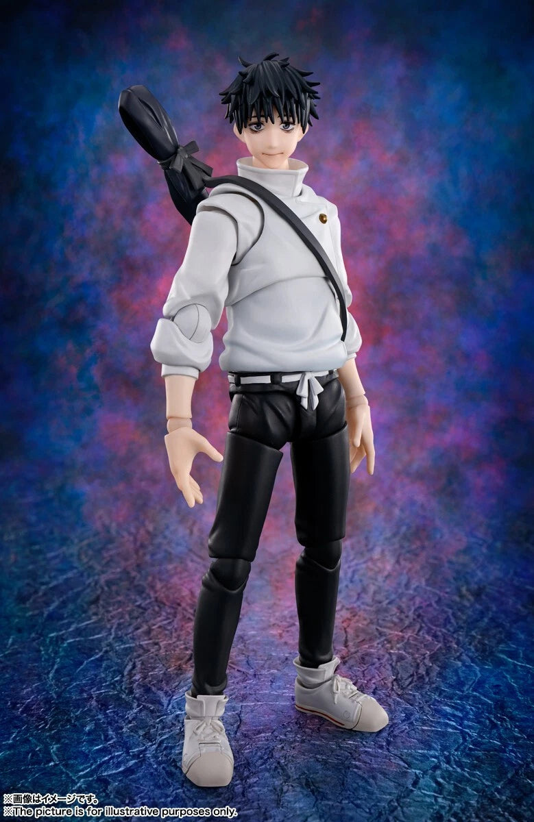 A collectible action figure of a male character with black hair, wearing a white long-sleeve shirt, black pants, and white sneakers, posed with a sword on his back against a blue and purple cosmic background. Jujutsu Kaisen 0: The Movie S.H.Figuarts Yuta Okkotsu Authentic 15cm Articulated Action Figure – Prequel Special Grade Edition