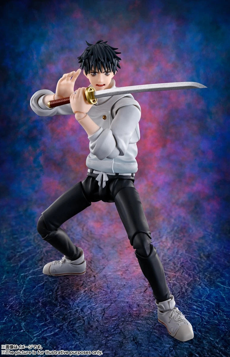 Action figure of a character in a dynamic pose with a sword against a colorful background Jujutsu Kaisen 0: The Movie S.H.Figuarts Yuta Okkotsu Authentic 15cm Articulated Action Figure – Prequel Special Grade Edition side
